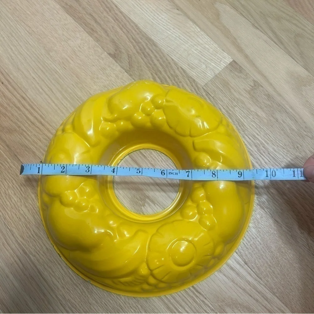 Vintage Yellow Bundt Pan Bright MCM Pineapple Fruit Banana Grapes Print